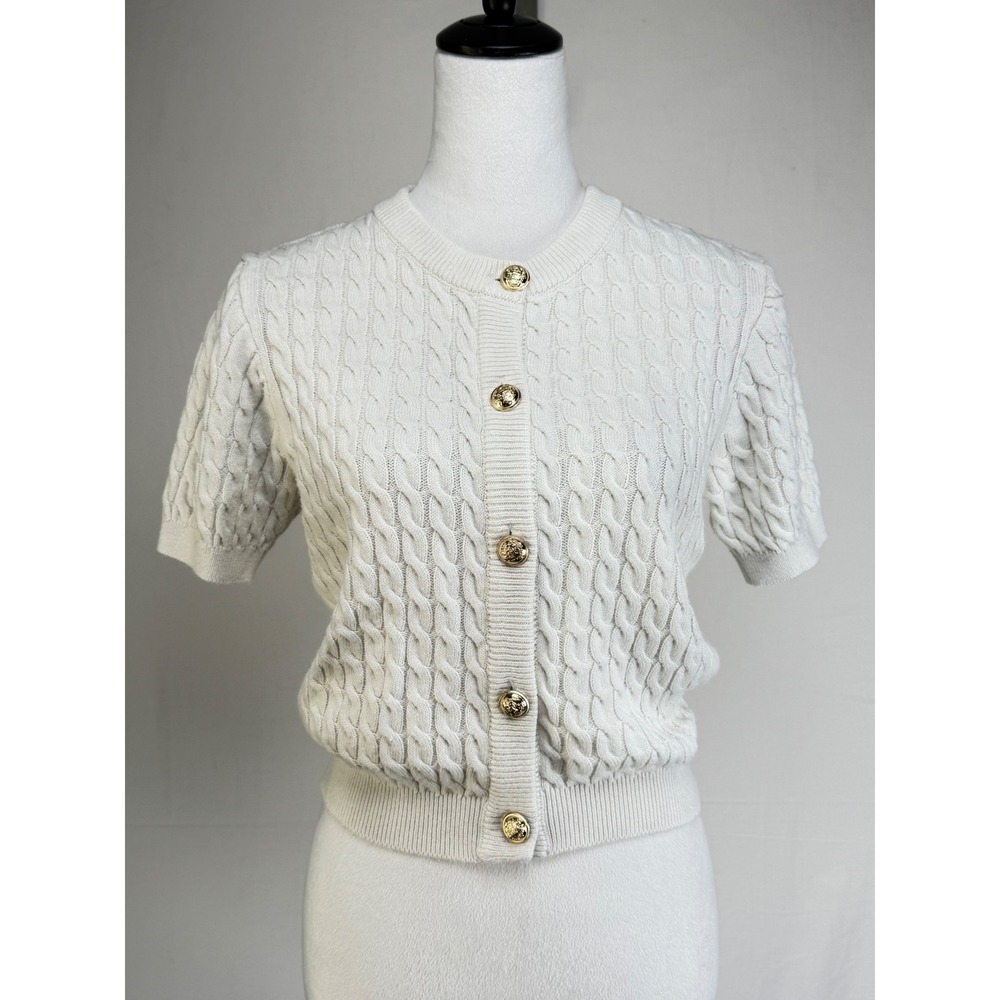 OUTRYT Women's Cardigan M Cream White Short Sleeve Cable Knit Gold Crest Button